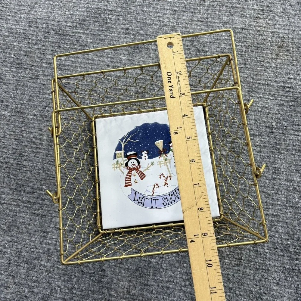 Christmas Basket Gold Wire Snowmen Bottom Tile Let It Snow Holiday Y2K Farmhouse